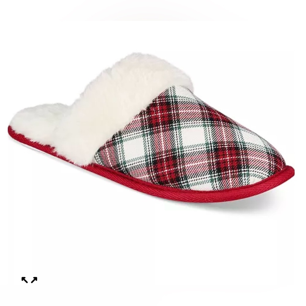 Charter Club Memory Foam Stewart Plaid Faux Fur Slippers Women’s large